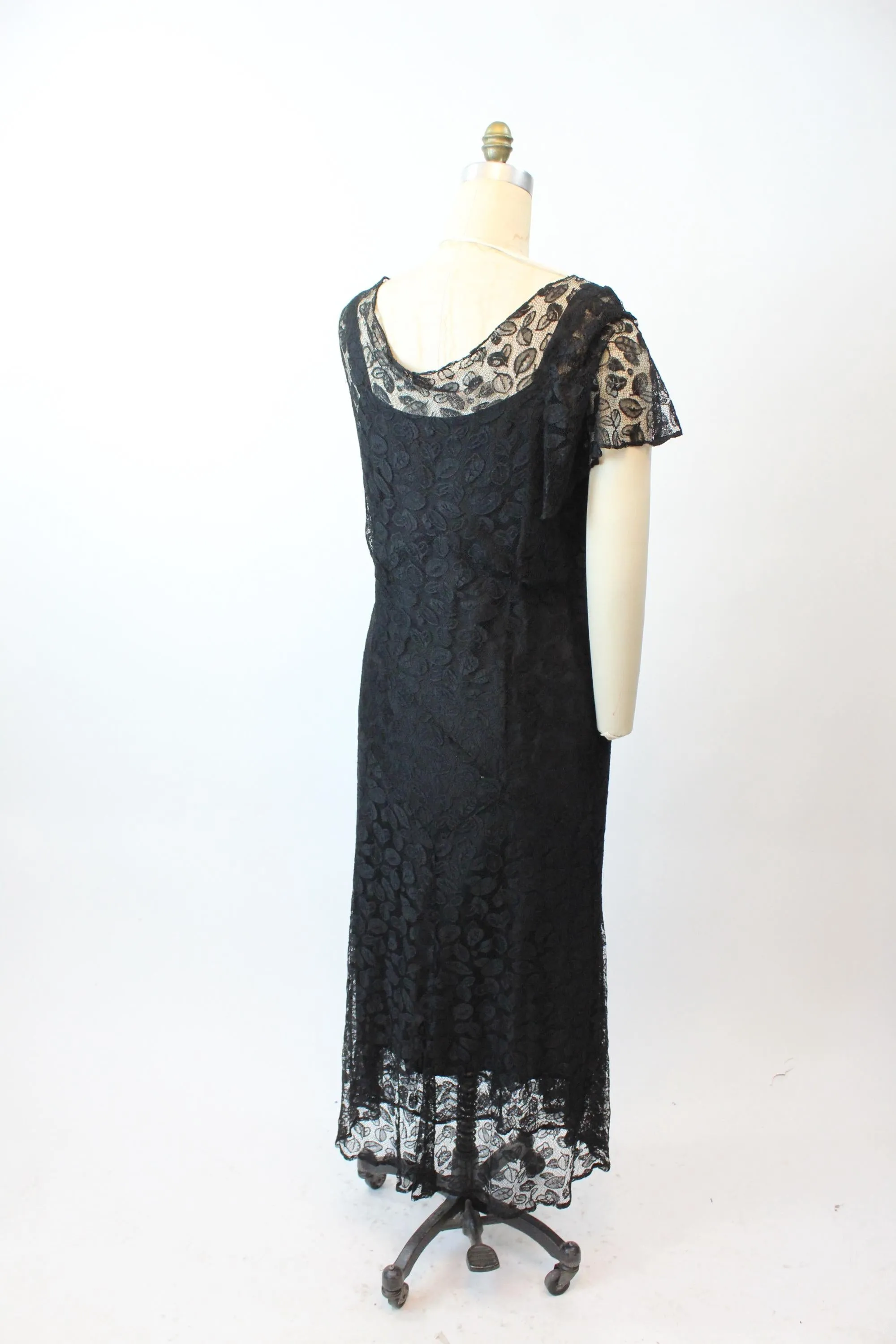 1930s LEAF LACE gown silk slip FLUTTER sleeves large | new fall winter