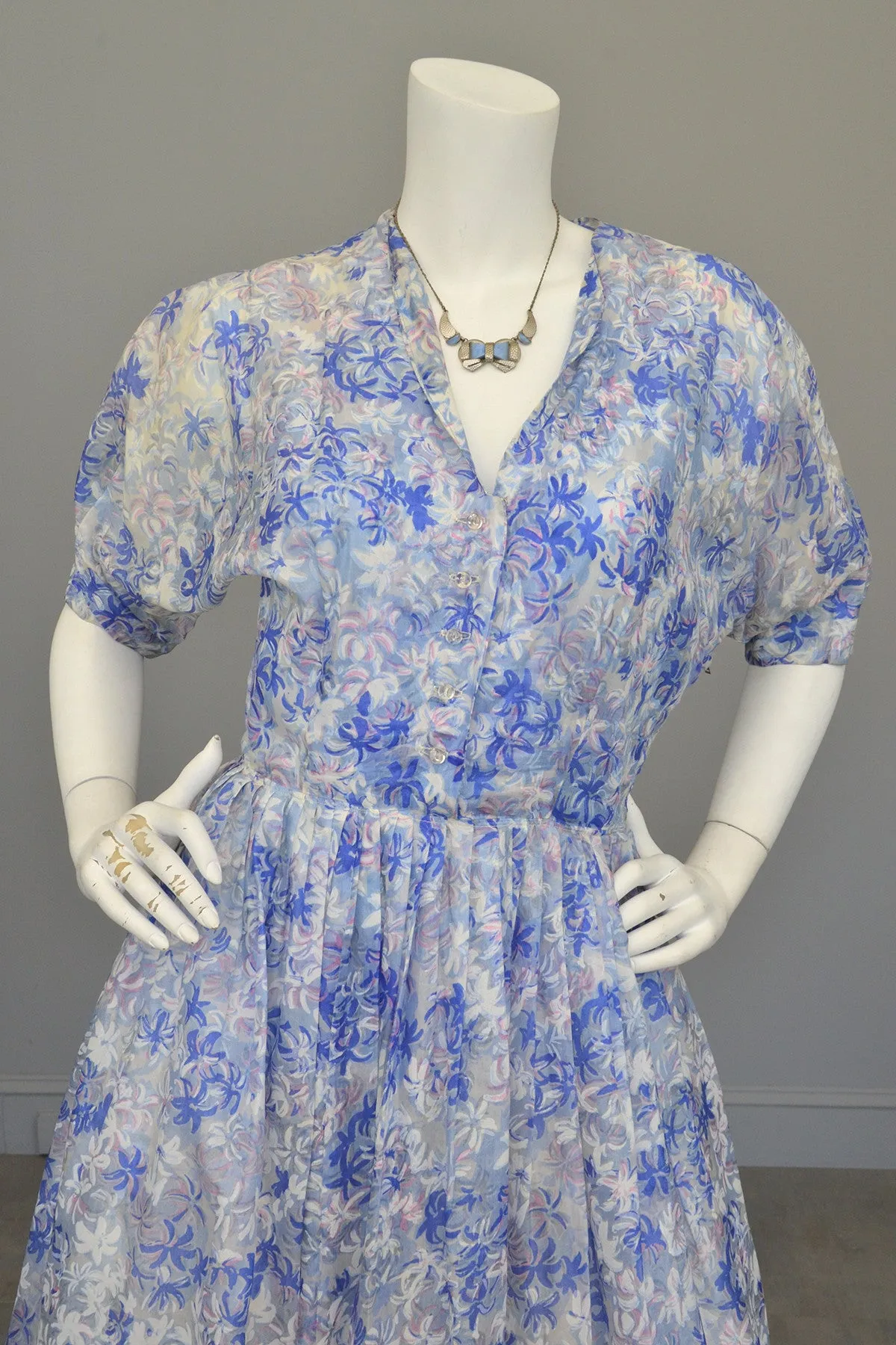 1940s 50s Semi Sheer Petal Print Two Piece Party Dress by Henry Rosenfeld