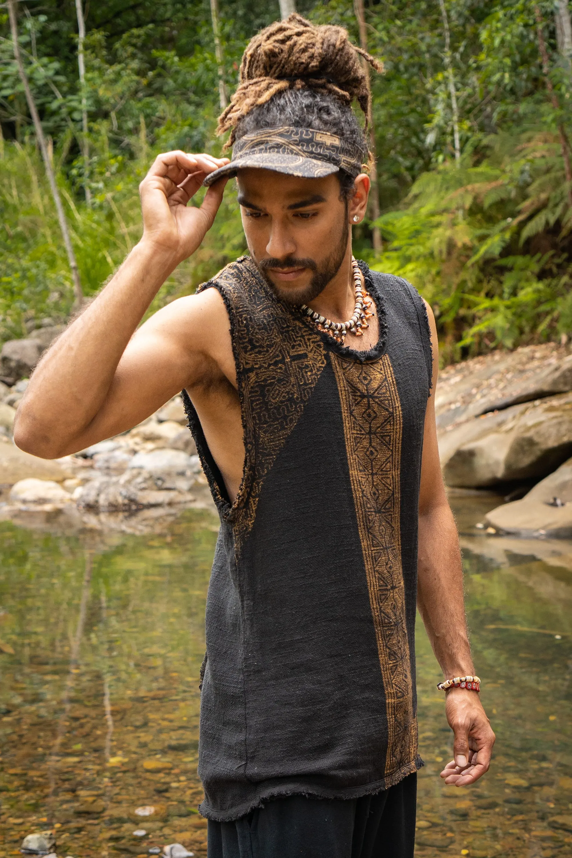 AKAU Beige Tank Top Sleeveless Shirt Shipibo Block Printed Handmade Natural Muscle Cotton Shamanic Tribal Festival Ritual Ceremony AJJAYA