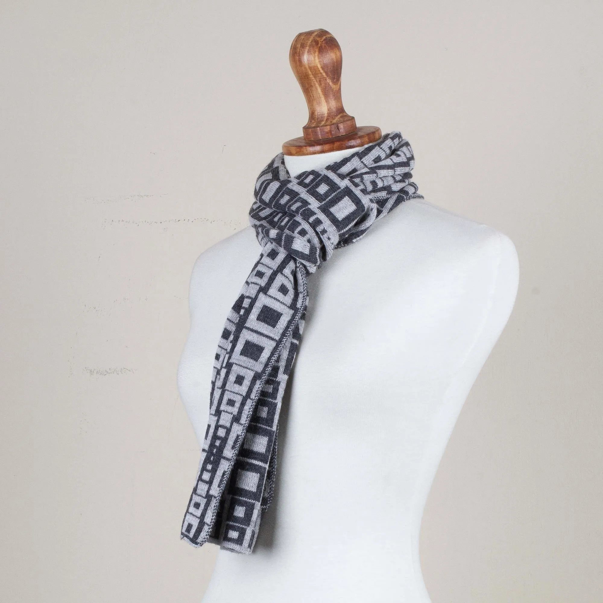 Andean Windows in Slate Alpaca Blend Scarf in Pearl Grey and Slate from Peru