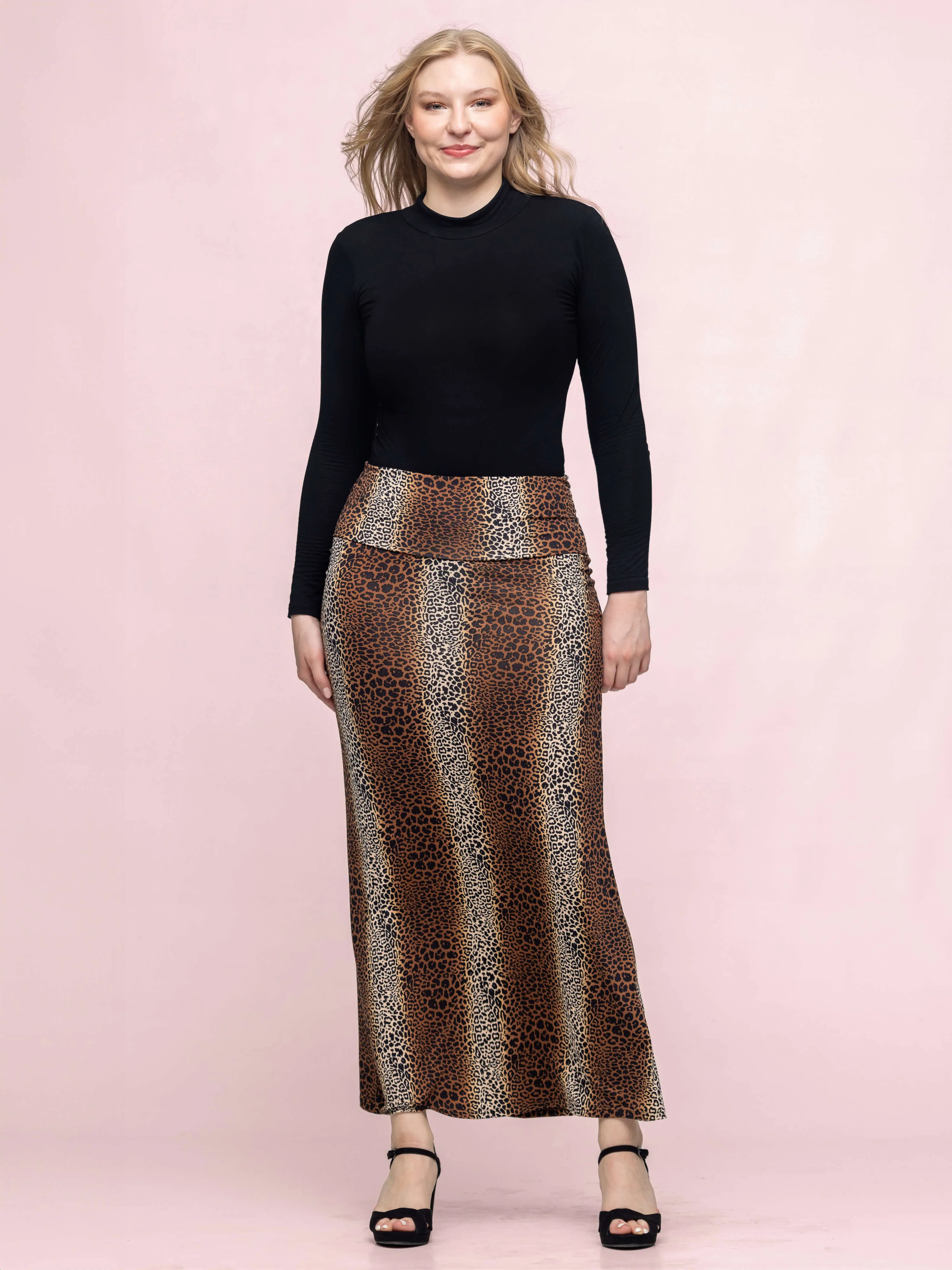 Animal Print Foldover Waist Maxi Skirt