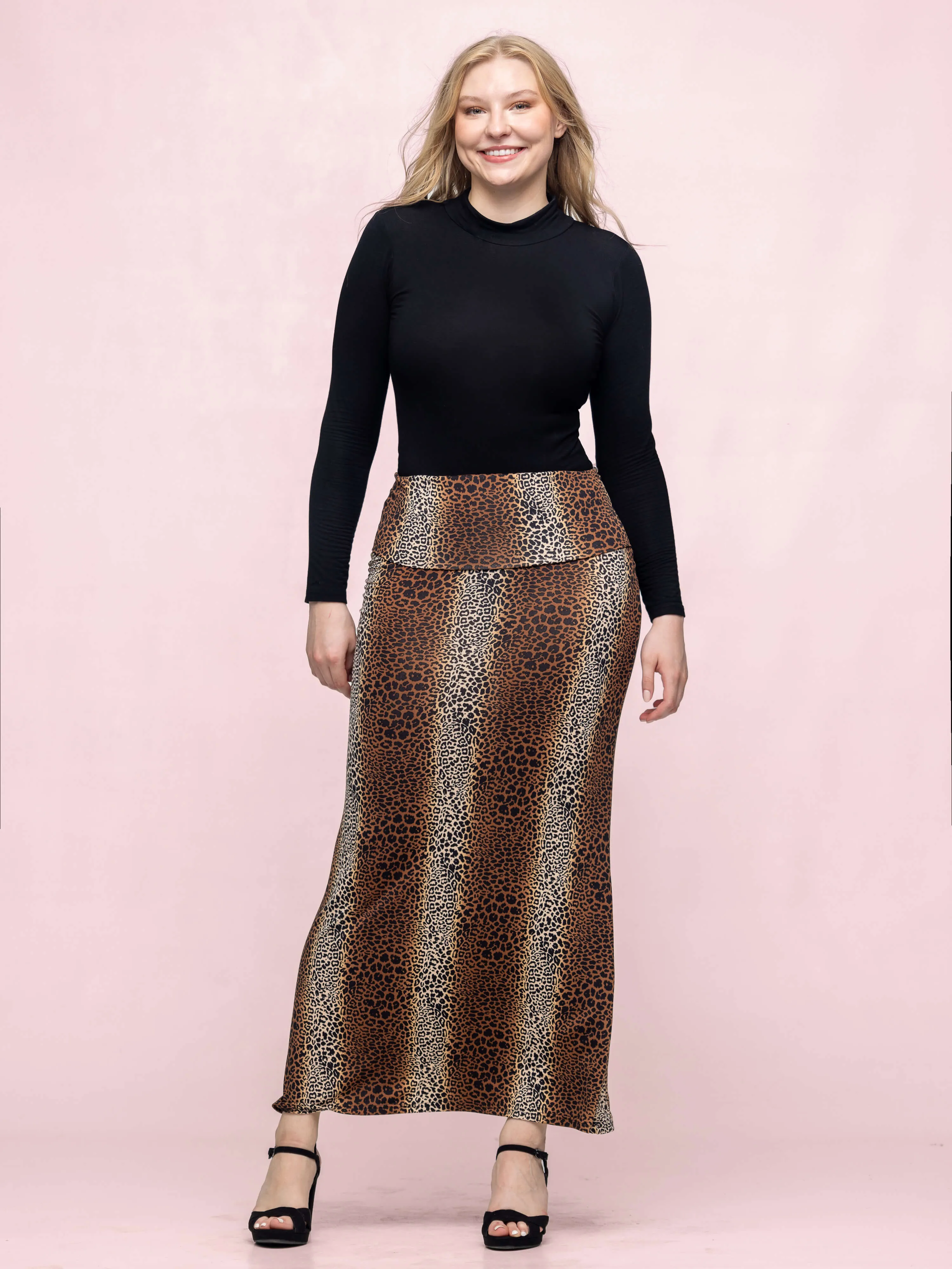 Animal Print Foldover Waist Maxi Skirt