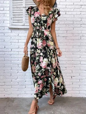 *APP EXCLUSIVE* Floral Flutter Sleeve Tie Waist Split Dress