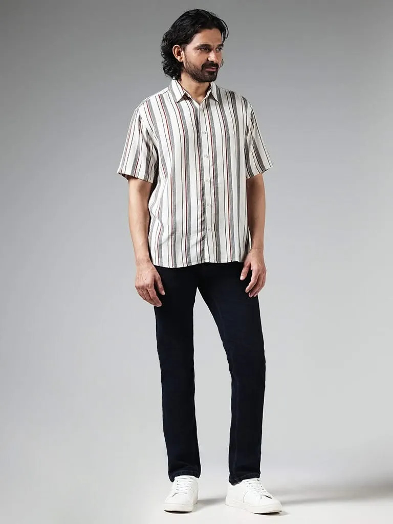 Ascot Beige Striped Relaxed-Fit Blended Linen Shirt