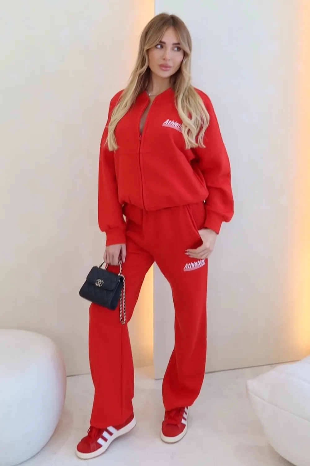 Athletics red embroidered bomber and straight leg jogger loungewear