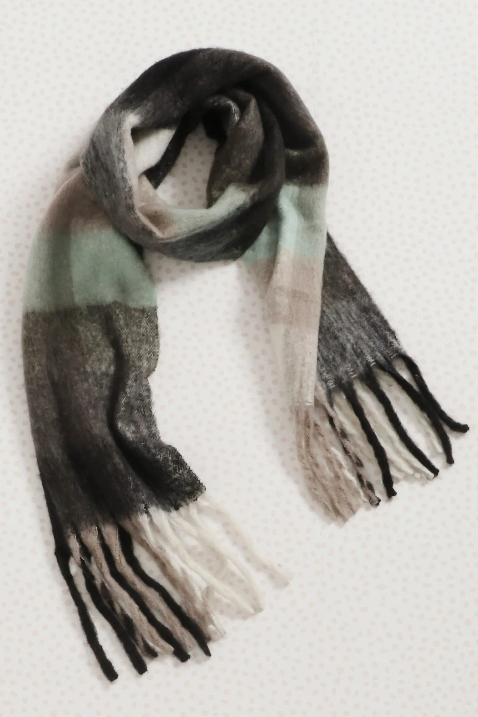 august   delilah Brooklyn Oversized Knit Scarf in Green and Grey Checkerprint