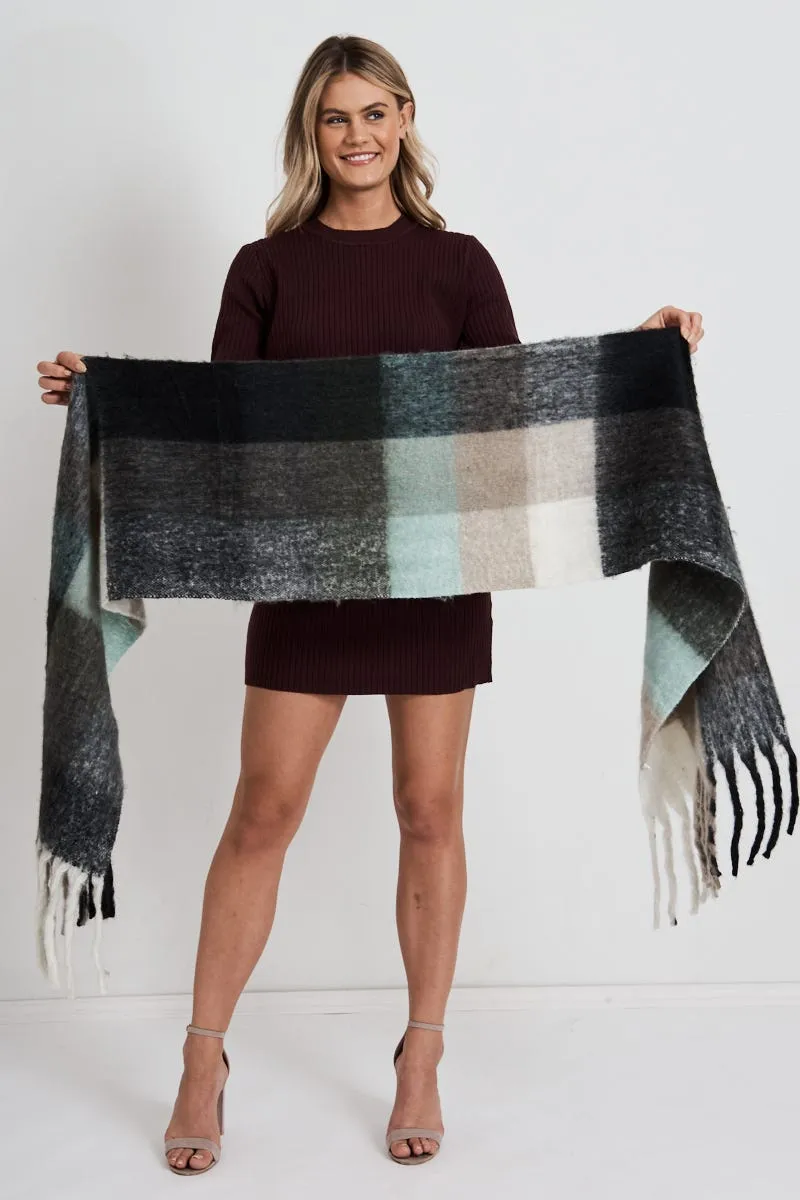 august   delilah Brooklyn Oversized Knit Scarf in Green and Grey Checkerprint