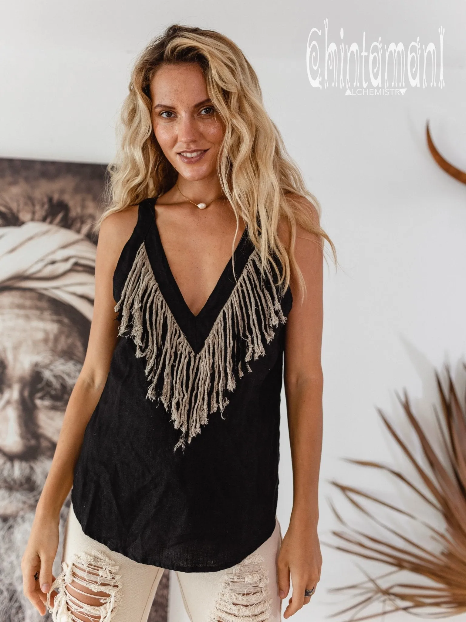 Backless Linen Boho Top with Fringes / Black