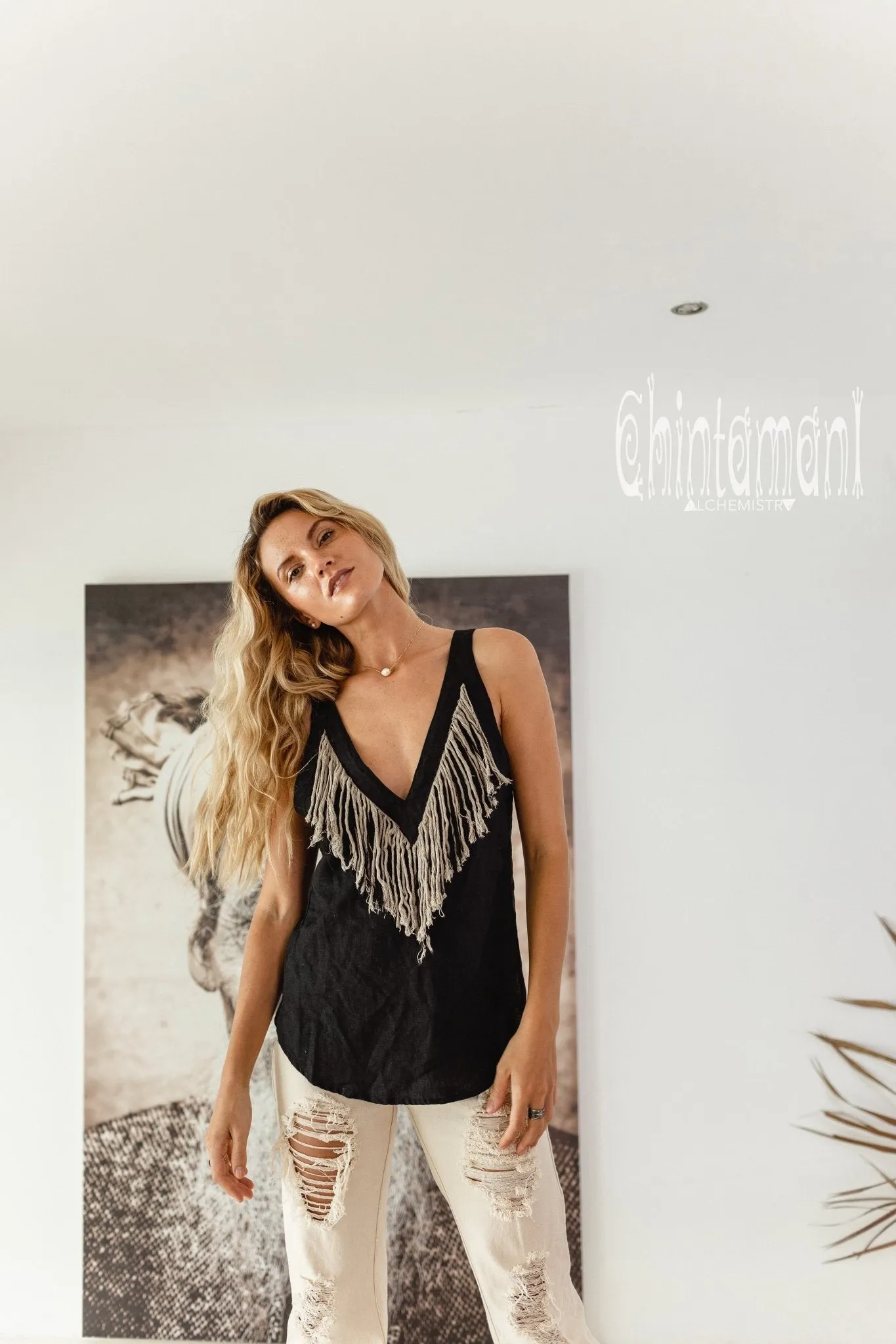 Backless Linen Boho Top with Fringes / Black