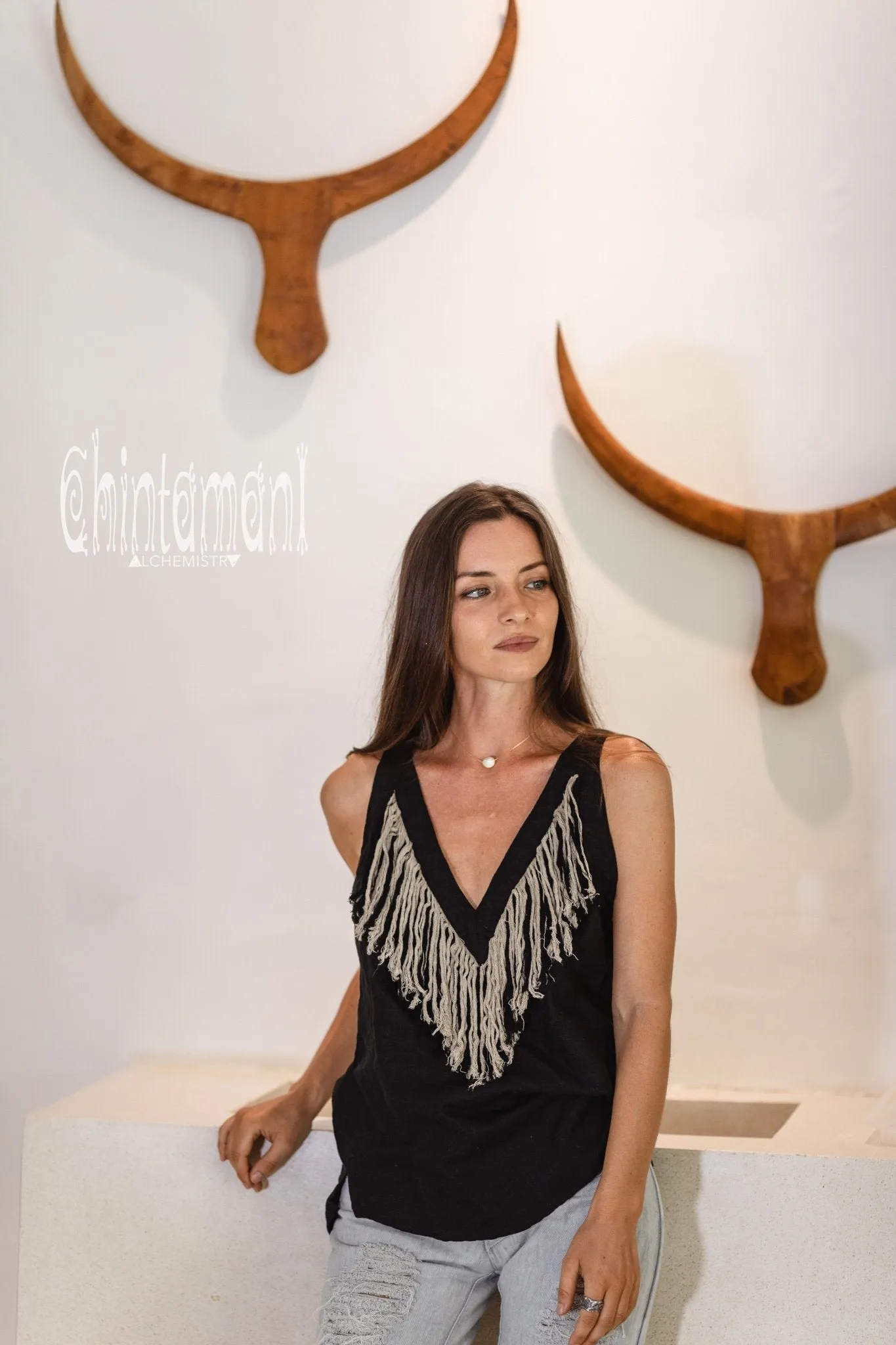 Backless Linen Boho Top with Fringes / Black