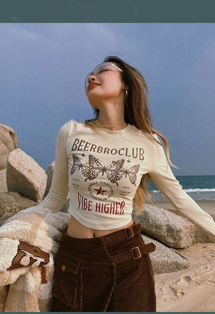 BEERBROCLUB Butterfly Graphic Print Solid Color Long Sleeve Cropped Top