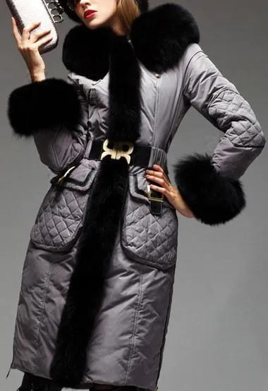 Belted White Duck Down Fur-Trimmed Coat in Grey or Black