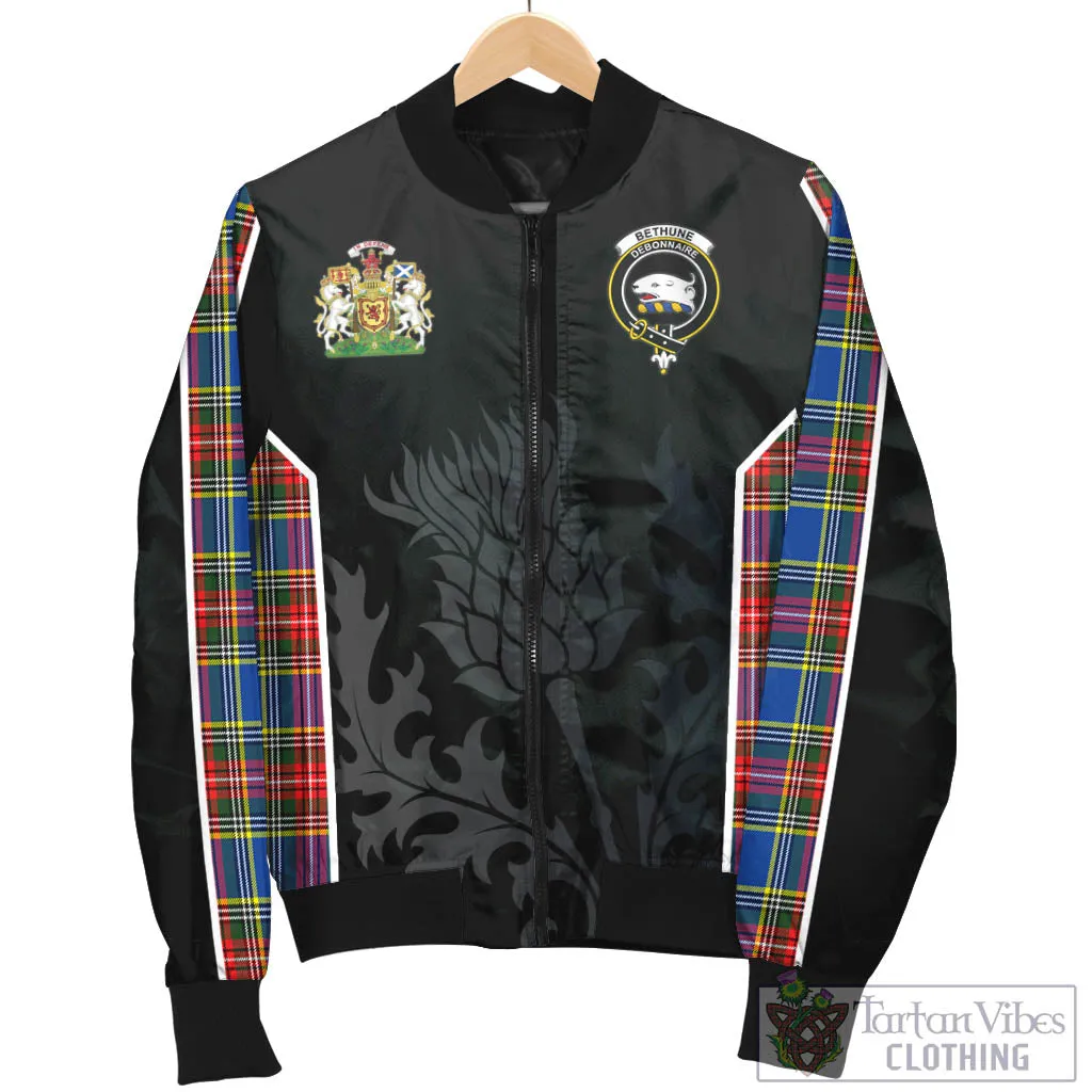 Bethune Tartan Bomber Jacket with Family Crest and Scottish Thistle Vibes Sport Style