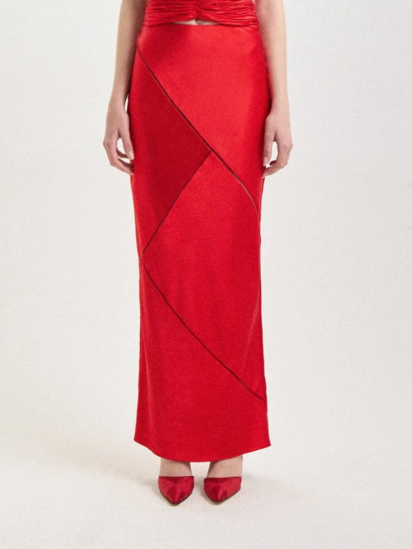 Bias Midi Skirt with Ladder Trim in Red