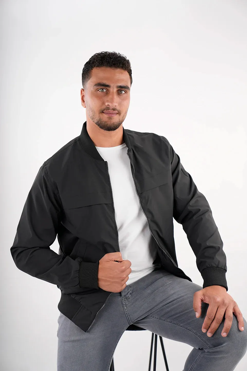 Black Bomber Jacket With Zipper To Close