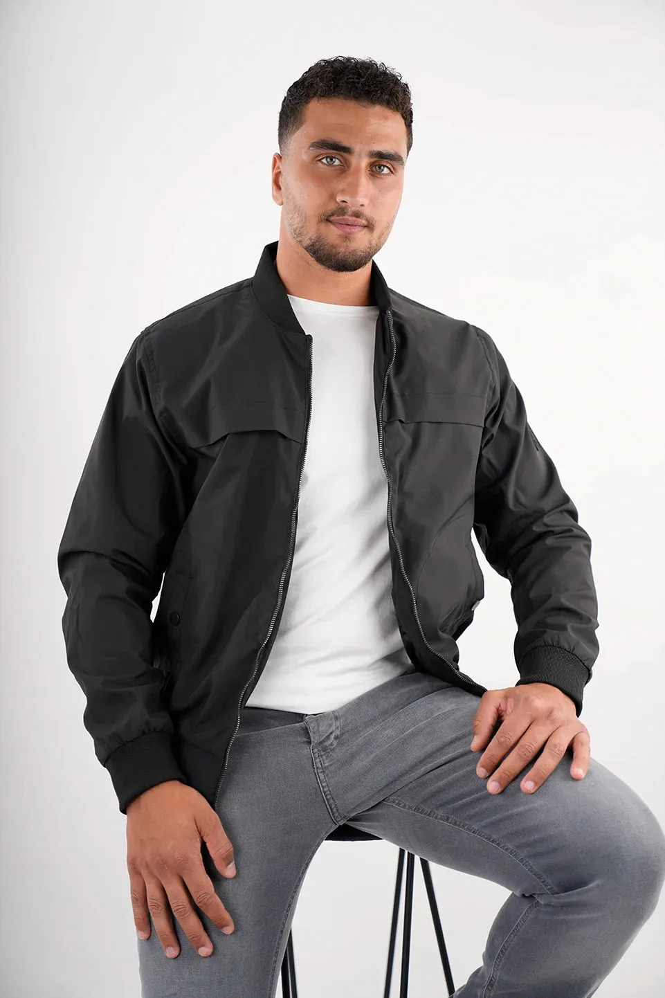 Black Bomber Jacket With Zipper To Close