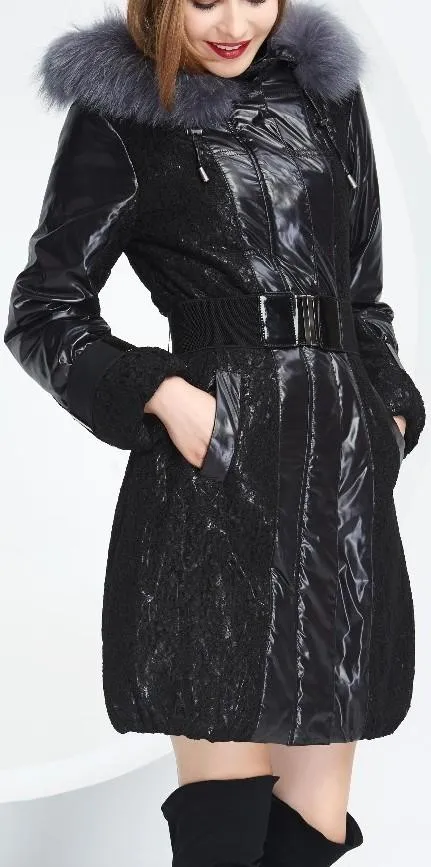 Black Glossy Fox Fur Hooded Down Coat