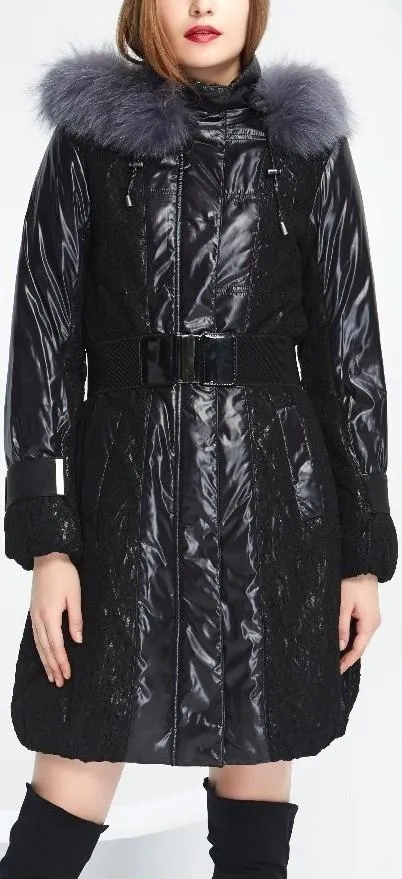 Black Glossy Fox Fur Hooded Down Coat