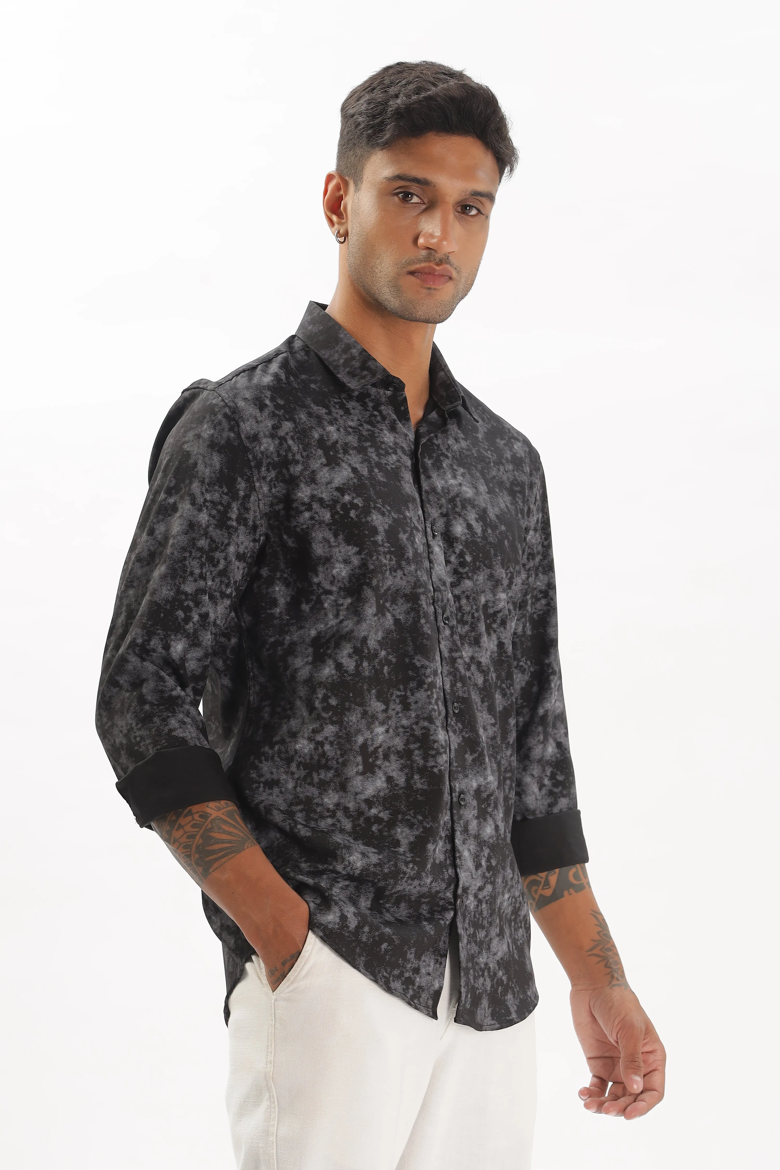 Black Slim Fit Self Design Casual Shirt