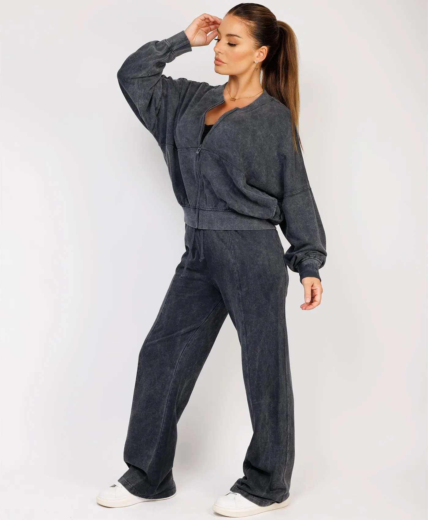 Black Stonewashed Zipped Bomber Jacket & Joggers Loungewear Set