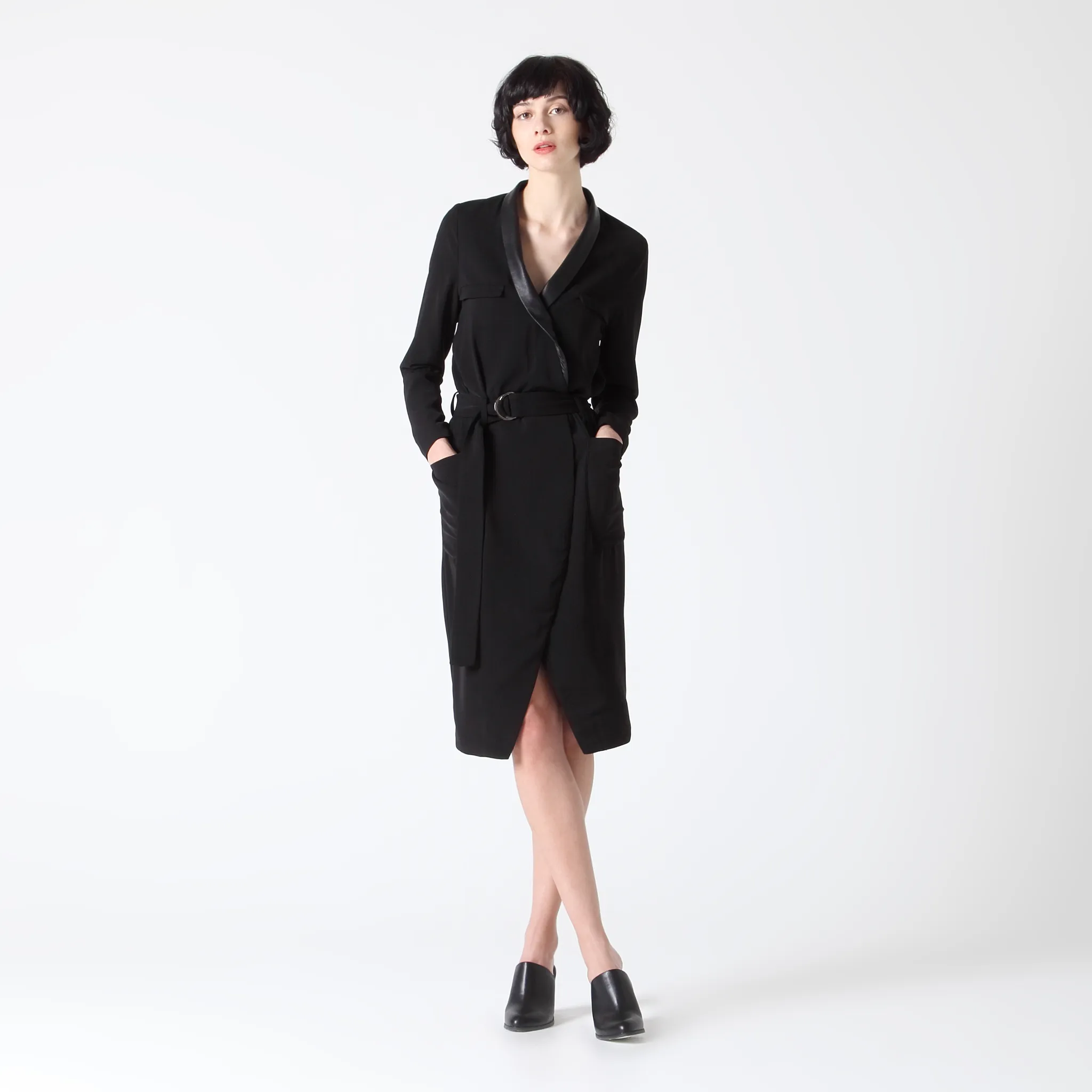 Black Wrap Dress with Faux Leather Lapel and Metal Buckle Belt