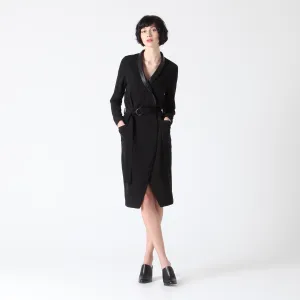 Black Wrap Dress with Faux Leather Lapel and Metal Buckle Belt