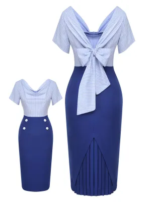 Blue 1960s Cowl Striped Lace-Up Wrap Dress