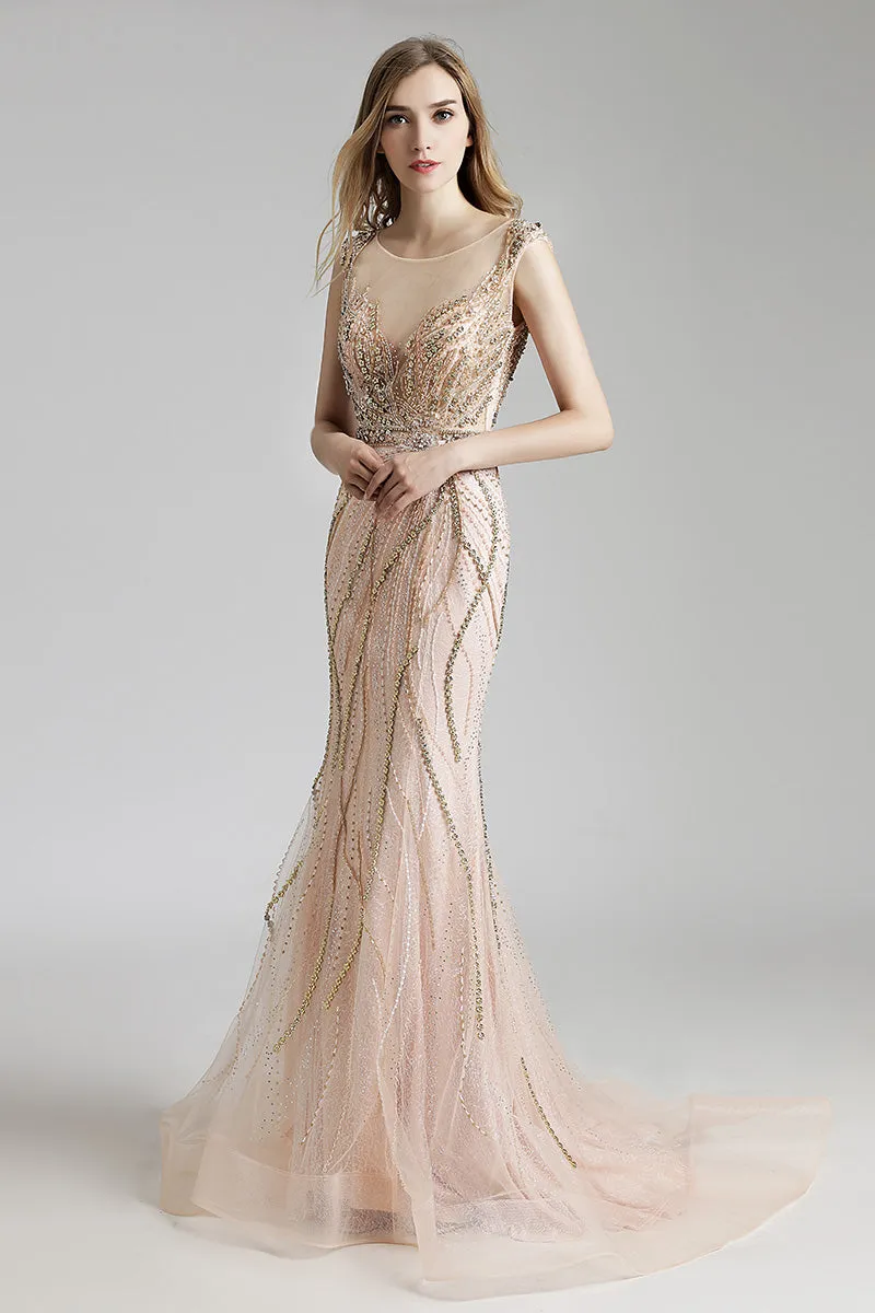 Blush Mermaid Formal Beaded Long Evening Prom Dress