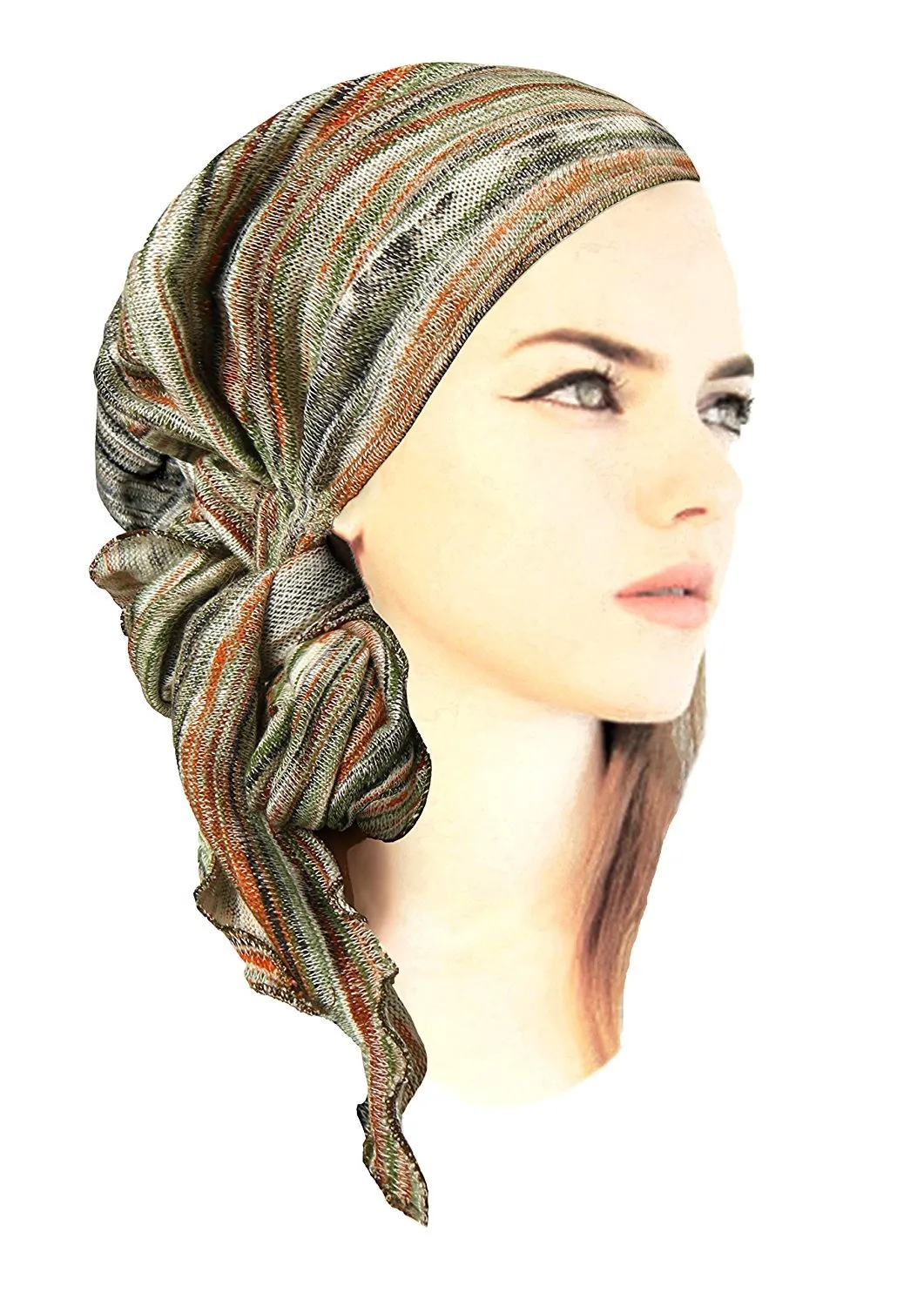 Boho Chic Pre-tied Head-Scarf Tichel Textured Breathable Knit Collection ShariRose (Brown orange green textured knit long - 405)