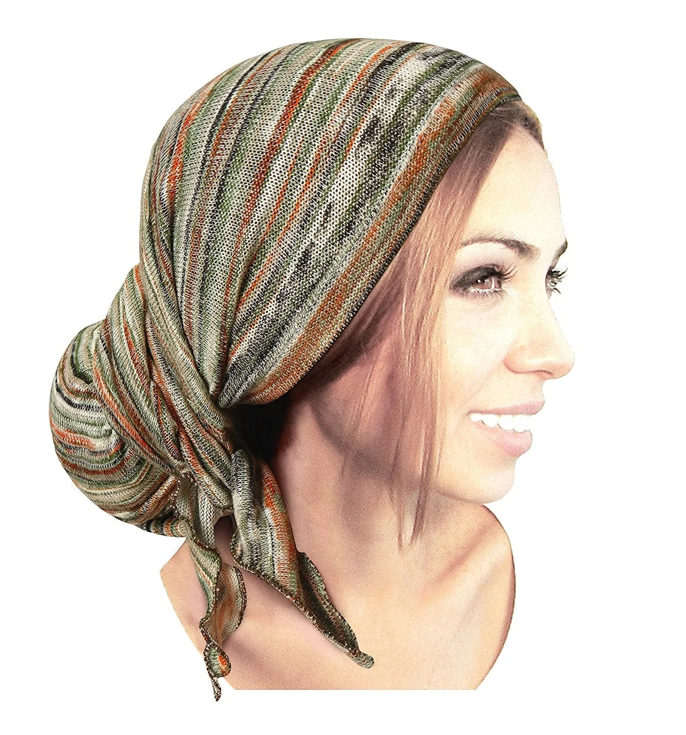 Boho Chic Pre-tied Head-Scarf Tichel Textured Breathable Knit Collection ShariRose (Brown orange green textured knit long - 405)