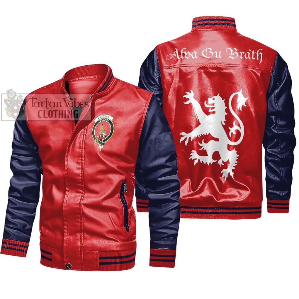 Boswell Family Crest Leather Bomber Jacket Lion Rampant Alba Gu Brath Style