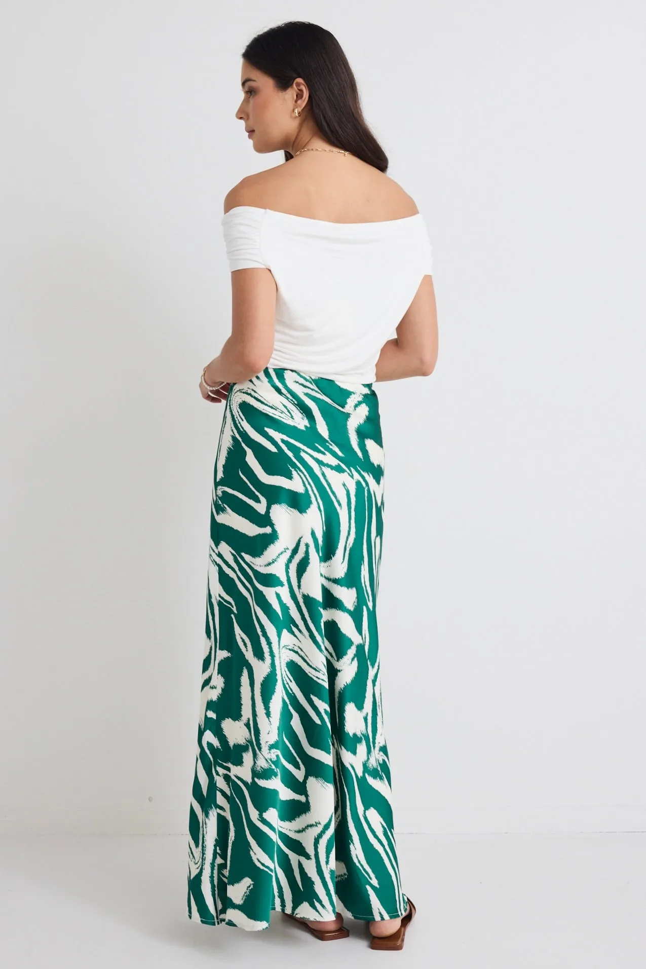 Breathe Green Zebra Satin Bias Maxi Skirt