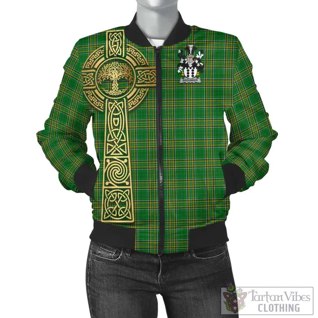 Brounker Irish Clan Tartan Bomber Jacket with Coat of Arms Celtic Tree of Life Style