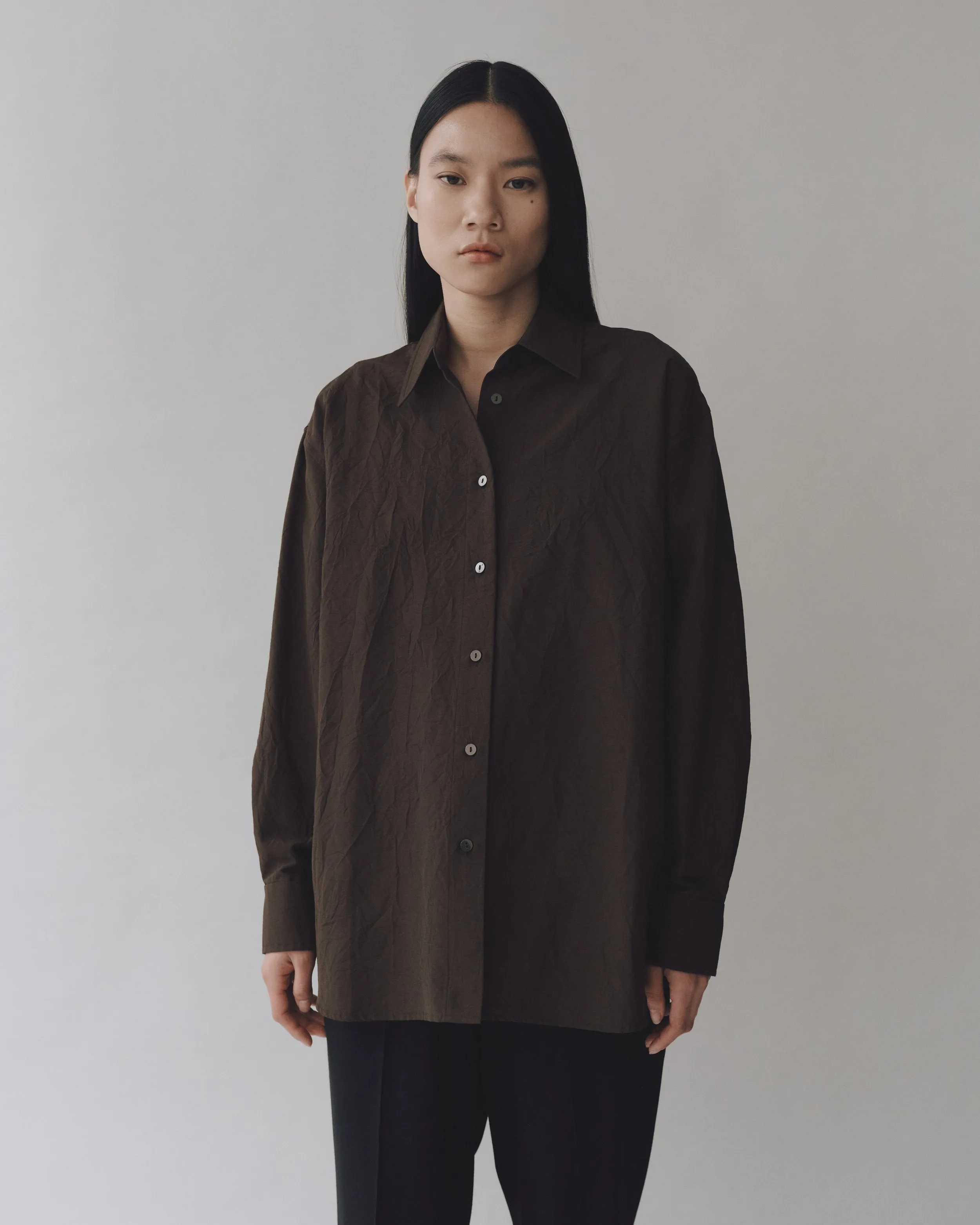 Brown Crinkle Oversized Button Down Shirt