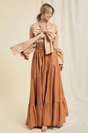 Brown Pocketed Flared Maxi Skirt