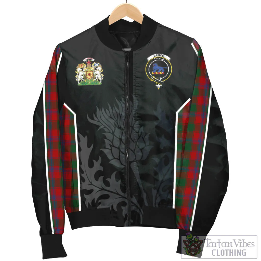 Bruce Old Tartan Bomber Jacket with Family Crest and Scottish Thistle Vibes Sport Style