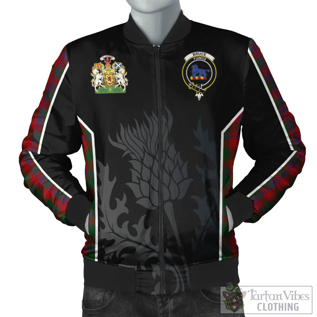 Bruce Old Tartan Bomber Jacket with Family Crest and Scottish Thistle Vibes Sport Style