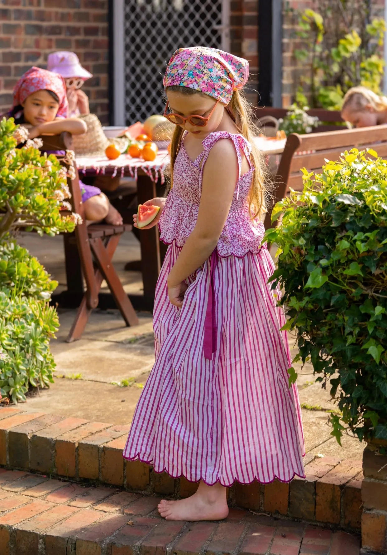 Cosmos Maxi Skirt Berry stripe scallop