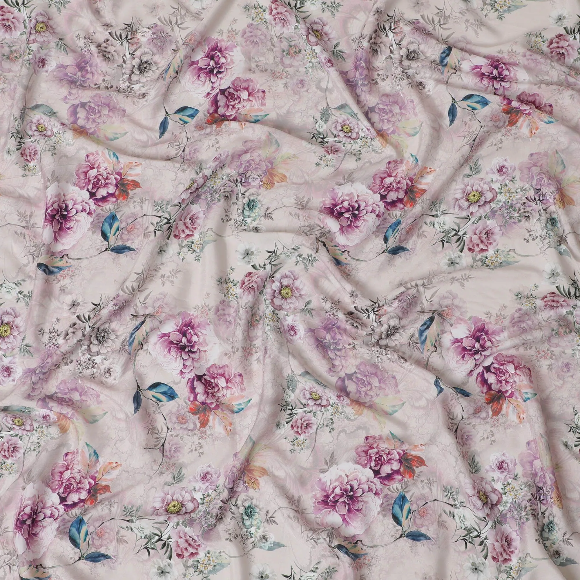 Cream synthetic crepe fabric with multicolor print in floral design-D15029