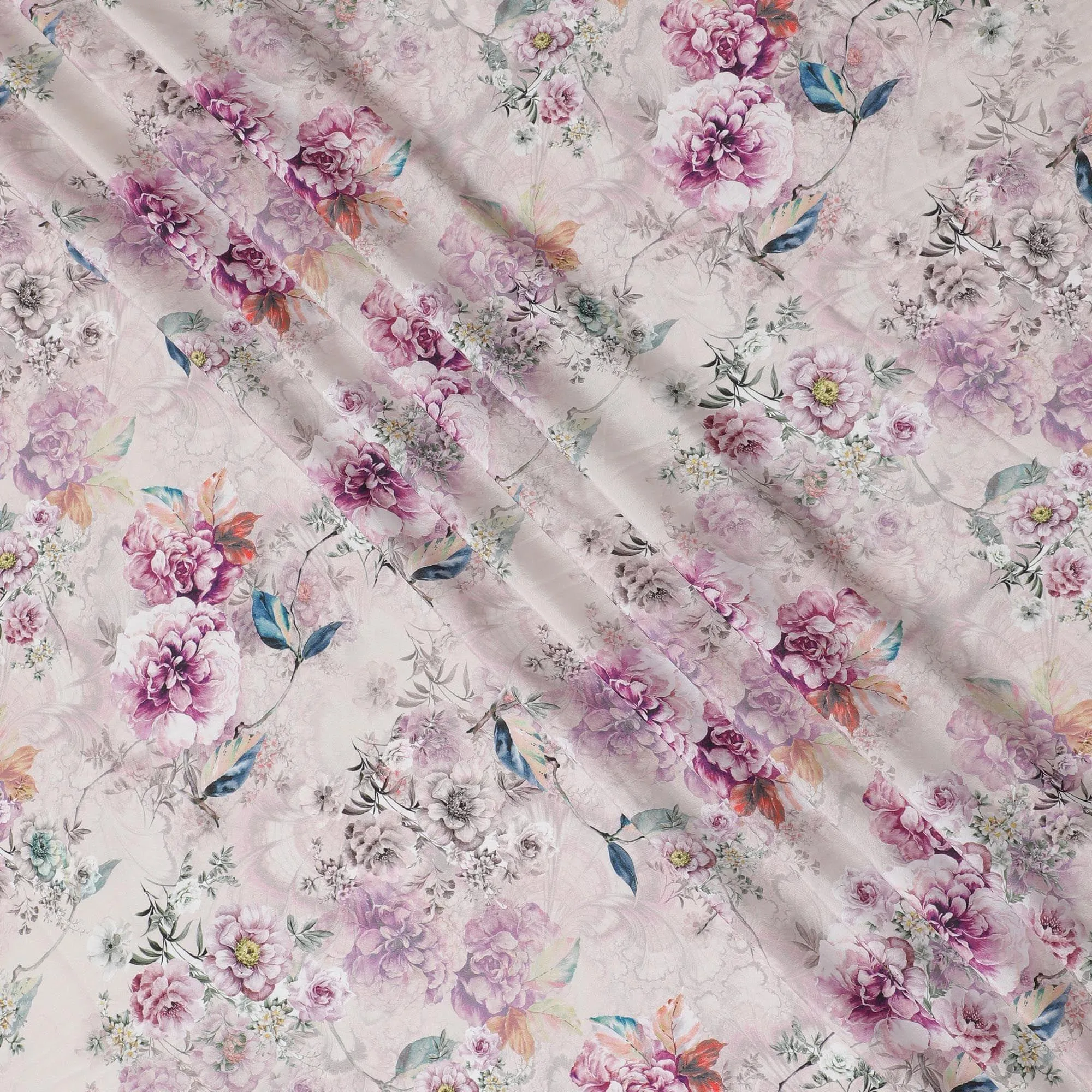 Cream synthetic crepe fabric with multicolor print in floral design-D15029