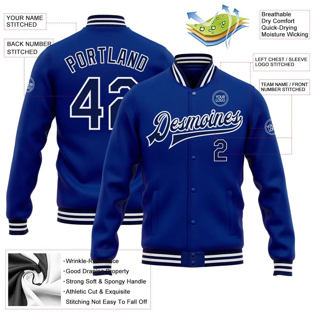 Custom Royal Navy-White Bomber Full-Snap Varsity Letterman Jacket