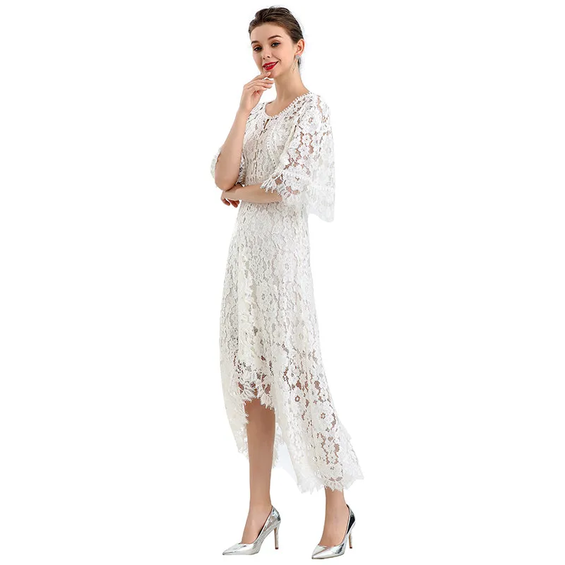 D078-4 Women peony lace cape sleeve flared asymmetric hem midi evening dress