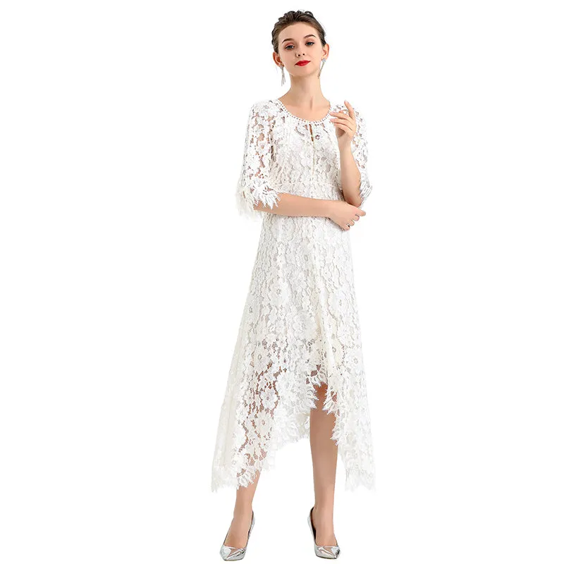 D078-4 Women peony lace cape sleeve flared asymmetric hem midi evening dress