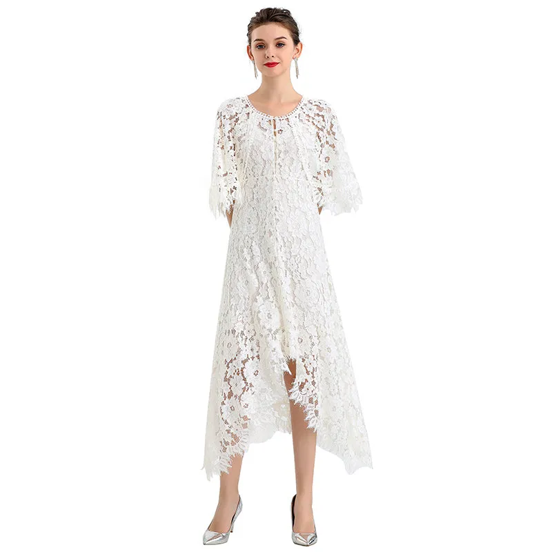 D078-4 Women peony lace cape sleeve flared asymmetric hem midi evening dress