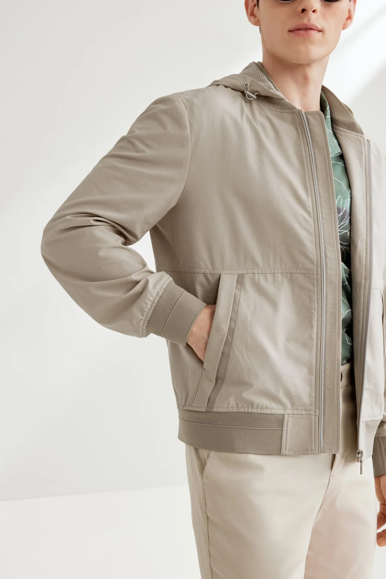 Detachable Hood Bomber Jacket in Smart Fit