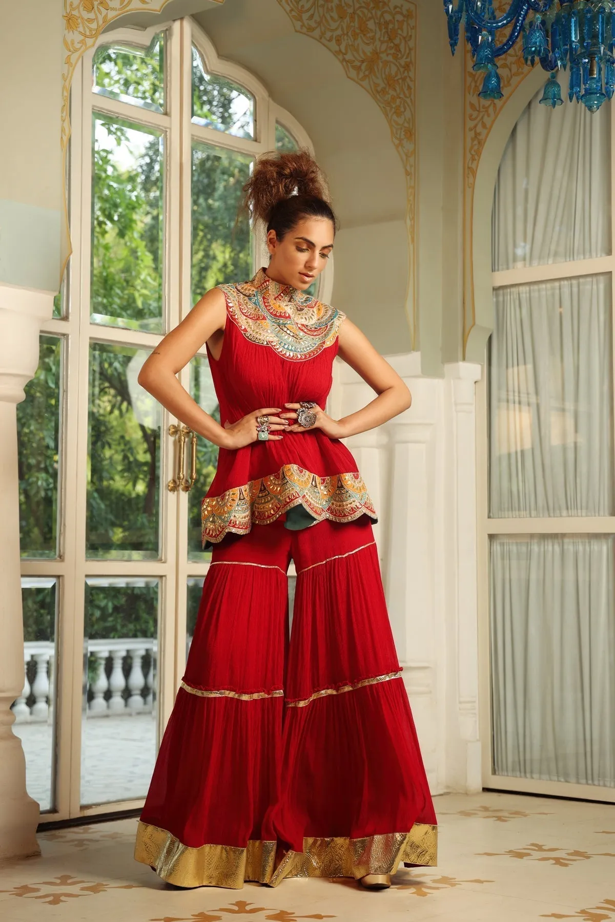 Dilruba crimson bejewelled gotapatti tunic set