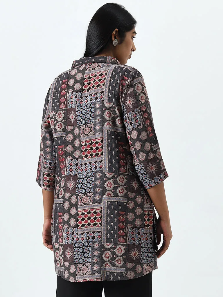 Diza Brown Abstract Printed High-Low Tunic