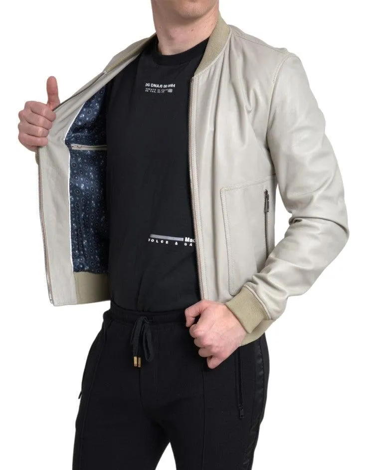 Dolce & Gabbana Cream Leather Bomber Blouson Full Zip Jacket