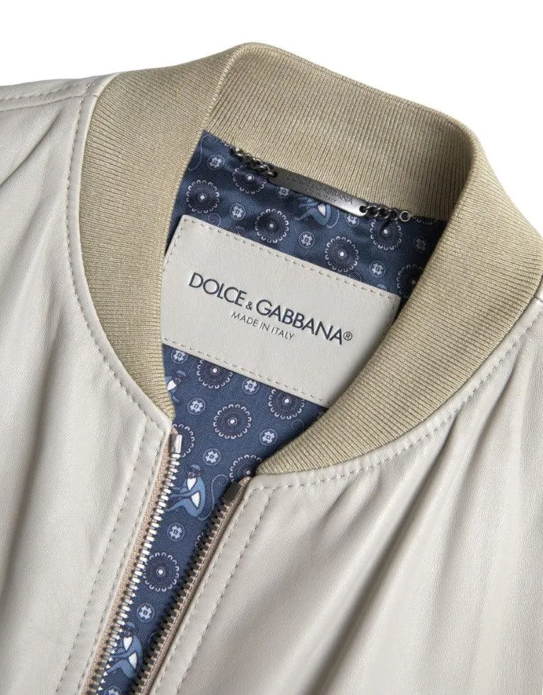 Dolce & Gabbana Cream Leather Bomber Blouson Full Zip Jacket