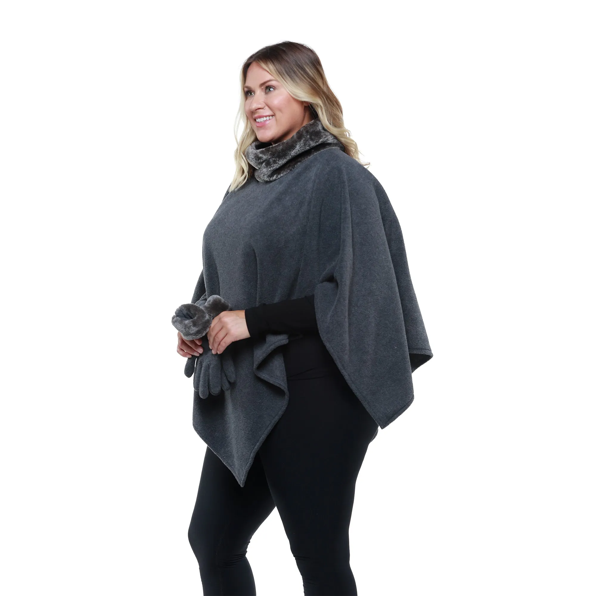 Donna Cozy Coat Fleece Poncho and Gloves Set with Faux Fur Trim